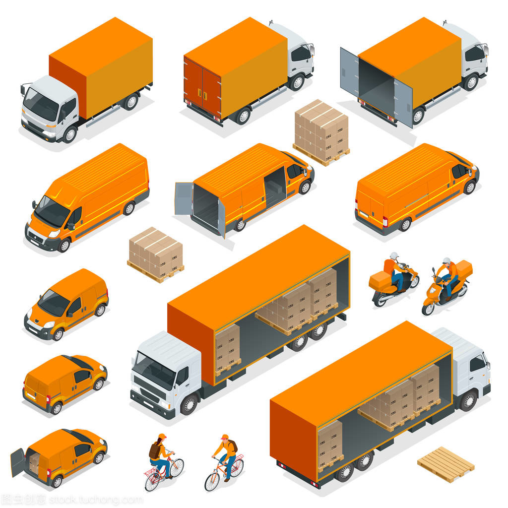 等量物流图标集不同的运输配送车、送货元件。白色背景下的货物运输