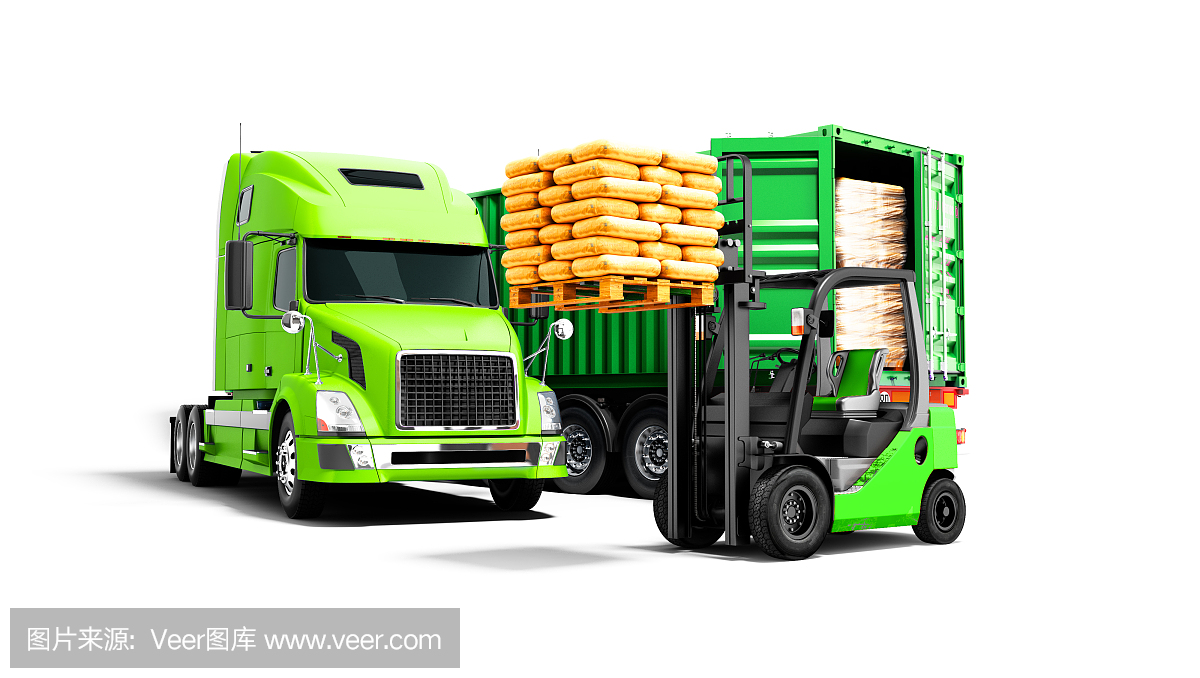 现代概念从绿色卡车卸载货物与建筑材料和橙色叉车托盘隔离的3d渲染在白色背景与阴影