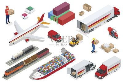 等距物流图标设置不同的运输配送车辆,配送元件。空运货物运输,铁路运输,海运,车辆设计携带大量